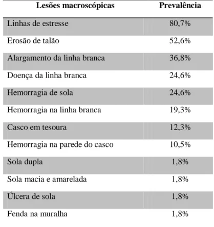 Tabela  9  –  Prevalência  de lesões  clínicas  associadas  à laminite  nas  unhas  selecionadas  de  bovinos  de  aptidão leiteira no rebanho estudado (considerando-se o total de animais examinados (n=57))