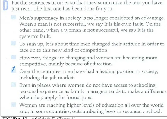 FIGURA 10 - Atividade D (Texto 1)  Fonte: Coleção X, 1º ano, cap. 4, p. 54. 