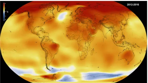 Figura 3.2 - Anomalias da temperatura média global entre 2012 e 2016, em graus Celsius  (adaptado de: climate.nasa.gov consultado a: 29/05/2017) 