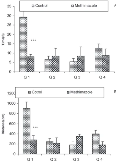 Figure 3 - Comparison of the length of the swimming path (cm) between methimazole-treated animals and controls using a repeated measure ANOVA
