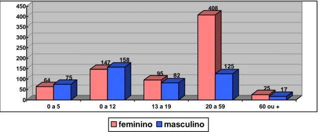 Gráfico  1  –  Distribuição  do  número  de  usuários  que  compareceram  ao  Levantamento  de  Necessidades  por  sexo  e  faixa  etária,  área  de  abrangência  do  Centro  de  Saúde  Novo  Aarão  Reis, equipe 1, Belo Horizonte, 2009 