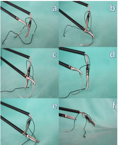 Figure 1a-f - The Roticulator Endo Grasp is opened on the knotting area and the suture is wrapped around twice.