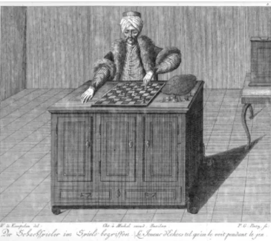 Figure 2.4: The original Turk, represented in a copper engraving by Karl Gottlieb von Windisch, via Wikimedia Commons (public domain).