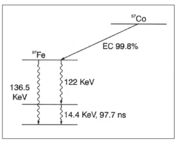 Figura 7 Niveis de energia do nucleo  57 Fe, que segue do  decaimento do  57 Co.