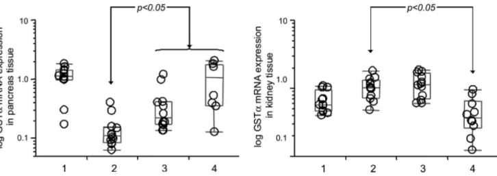 Figure  1  -  Box  diagram  comparing  relative  GST-α3  mRNA  expression  levels in pancreas tissues in Groups 1, 2, 3 and 4