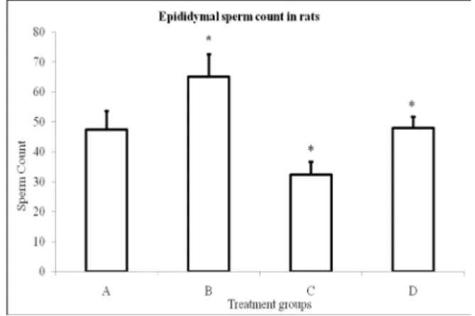 Figure 4 - Epididymal sperm counts in rats treated with EL (B), estradiol  (C) and a combination of EL and estradiol (D), compared to the control (A)