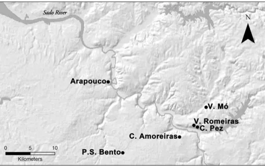Figure 2.3. Sado valley: shell midden sites with human remains. Site, MNI: Arapouco, 32; 