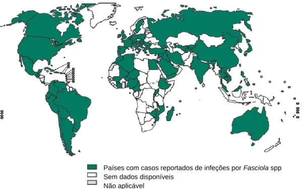 Figura 5 - Distribuição de casos reportados de fasciolose (Organização Mundial de Saúde, 2014) Países com casos reportados de infeções por Fasciola spp Sem dados disponíveis 