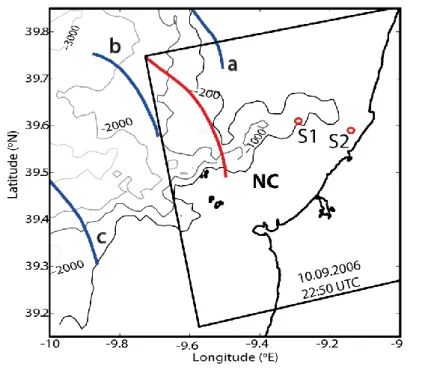 Figure 4 - Composite map of ISWs observations based on a subset of two ERS-2 SAR images for  our ROI (see text for details)