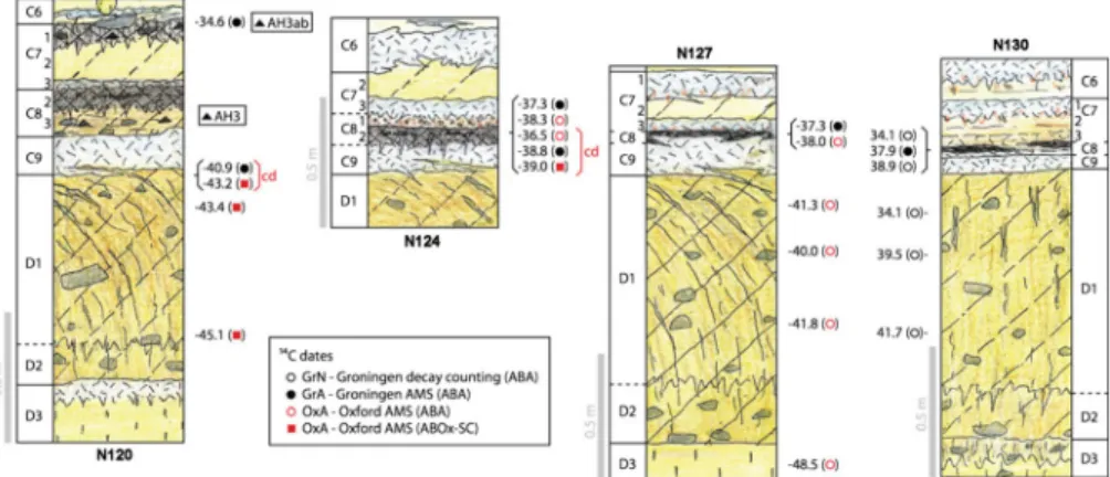 Fig. 4 Stratigraphic sections and position of key dated samples. The ages are expressed in uncalibrated thousands of years BP