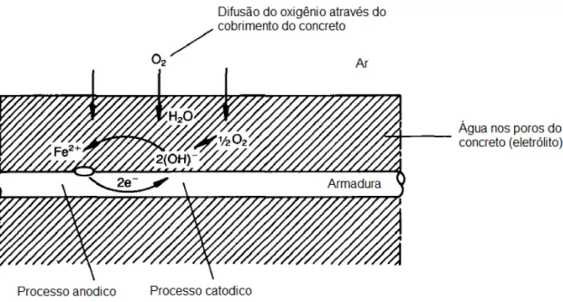 Figura 3-1  – Modelo simplificado do processo de corrosão das armaduras no concreto.  (Fonte: CEB, 1989  – adaptado)