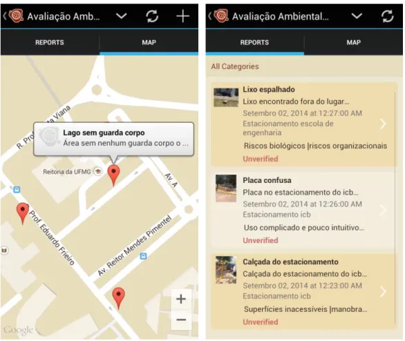 Figura 10 - Interface mobile do mapa aplicativo colaborativo desenvolvido para  Avaliação Ambiental do Campus UFMG Pampulha 