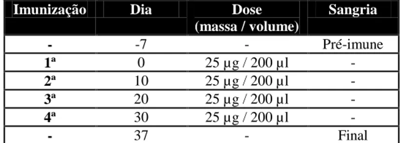 Tabela  4  –  Protocolo  de  Imunização  dos  camundongos  com  os  peptídeos  sintetizados  a  partir  dos  epitopos da toxina épsilon de Clostridium perfringens tipo D.