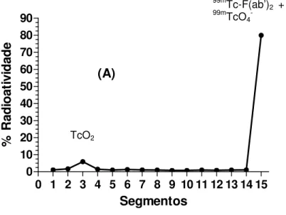 Figura  4  -  Perfil  cromatográfico  de  99m Tc-F(ab’) 2  antiescorpiônico  em  papel  Whatman  n°1 (cromatografia descendente) antes (A) e após filtração (B) em membrana de éster  de celulose