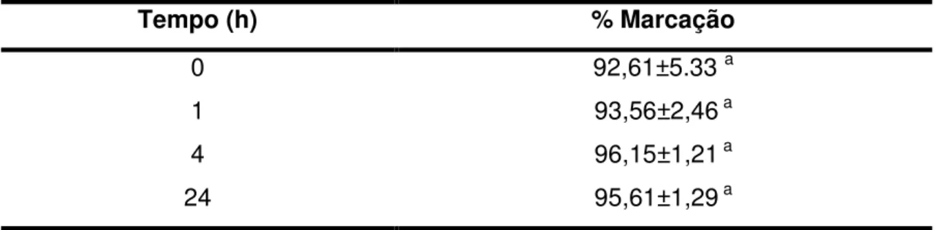 Tabela 4 – Estabilidade do soro após marcação em PBS pH 7,4 a 37°C. Os valores de 