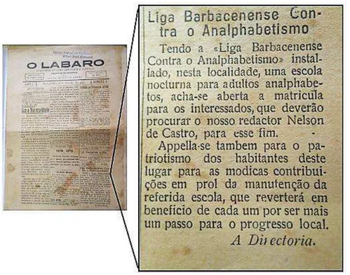 Figura 7: Nota sobre a instalação da escola noturna para adultos analfabetos, janeiro de 1919  Fonte: Arquivo Histórico Municipal Altair José Savassi 