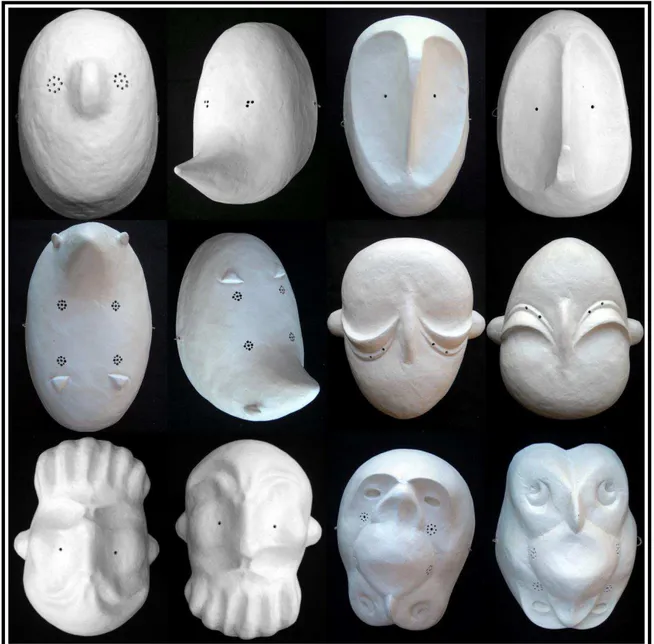 FIGURA 7. Máscaras larvárias, em papel colê, organizadas do abstrato ao concreto, confeccionada por  Fernando Linares