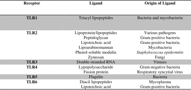 Table 1. Toll-like receptors and their ligands *