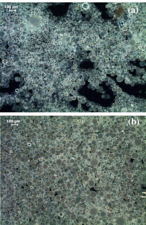 Figura 5-2: Imagens obtidas por MO das microcápsulas de poliuretano preparadas a  1000 rpm: a) microcápsulas contendo IPDI b) microcápsulas contendo MDI