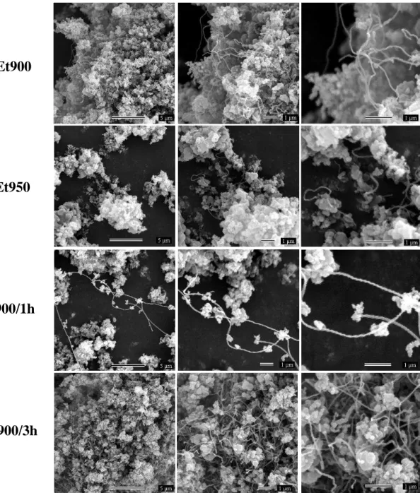 Figura  4.28.  Imagens obtidas por MEV para a hematita após ReTP com etanol (HtEt) a  900, 950, 900 o C/1h e 900 o C/3h