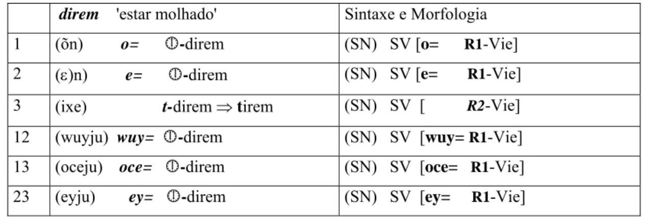 Tabela 2.5 – Estrutura morfossintática de um verbo intransitivo estativo (Vie) da classe II 15  direm    'estar molhado'  Sintaxe e Morfologia 