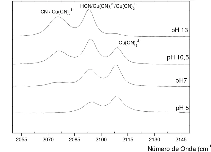 Figura  3.3  –  Efeito  do  pH  na  especiação  dos  cianocomplexos  de  cobre  para  as  seguintes  condições:  [Cu]=0,1mol/L,  razão  molar  CN/Cu  de  4  e  temperatura de 25ºC 205520702085 2100 2115 2130 2145 pH 5pH7pH 10,5 Número de Onda (cm -1 )pH 13