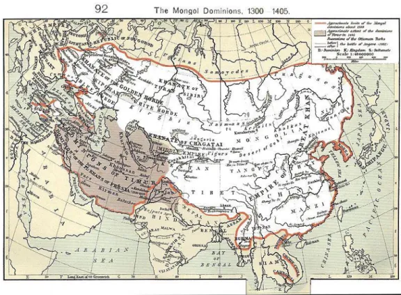 Figure 4: The red line depicts the greatest extent of the Mongol Empire (Source: Shepherd, 1911)
