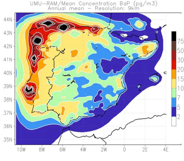 Figure  2  –  BaP  mean  annual  climatology  in  air  (pg  m -3 )  over  the  Iberian  Peninsula  (mean 604 