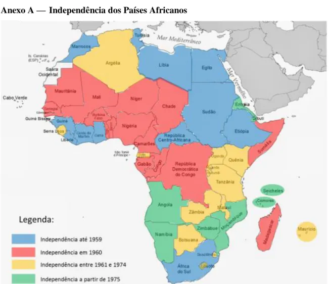 Figura 4 -  Independências dos Países Africanos (Elaborado por Capitão Pereira de Oliveira, com base na página  oficial da OUA (https://au.int/web/en/memberstates) ) 