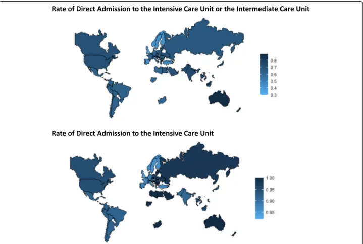 Fig. 1 World map displaying practice variations across regions regarding direct admission to the ICU or the intermediate care unit