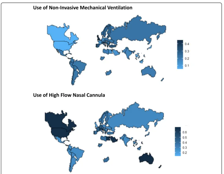 Fig. 2 World map displaying practice variations across regions regarding the use of noninvasive oxygenation strategies