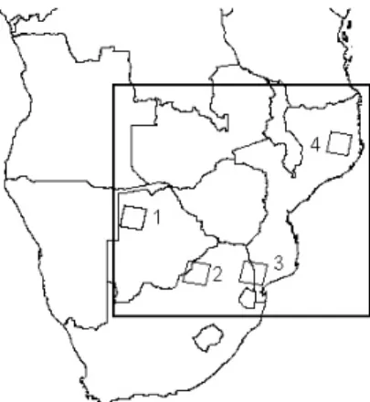 Figure 1. Study area of Southeastern Africa showing the location of the four Landsat scenes used for validation