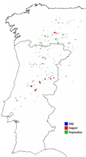 Figure 7. Monthly burned area in Portugal and Western Spain from July to September 2000