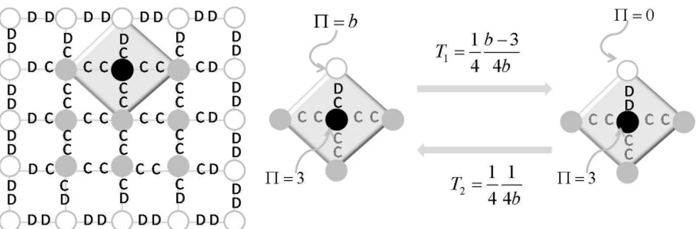 Figura 4.8: Aglomerado de cooperadores (nós preenchidos) e probabilidades de transição relativas a um nó da terceira classe (nó com preenchimento preto)
