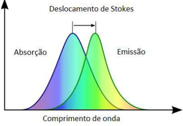 Figura 2.6 - Deslocamento Stokes de energia entre os picos dos espectros de absorção e de emissão
