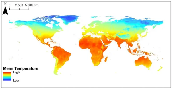 Figure 1: Worldwide mean annual temperature (from WorldClim; www.worldclim.org) 