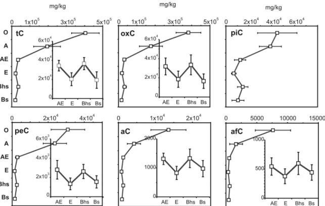 Figura  1.  Distribución  en  profundidad  de  las  diferentes  fracciones del  C  orgánico  determinadas  en suelos  podzólicos  forestales de Tierra del Fuego