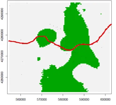 Fig. 13 – Estimated cluster membership in Geneland. X and Y axis represent UTM coordinates