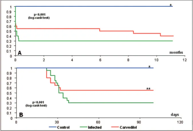 Figure 5 - A Kaplan Meier survival curve for the total study period (A), showing no significant differences between infected groups but differences between the infected groups and the control and better survival in the carvedilol group compared with the in