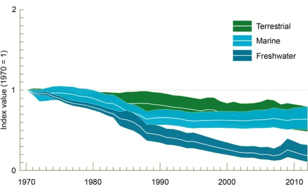 Figure 3. Evolution of the Living Planet Index (LPI) over the last decades. LPI is a measure of  the  state  of  the  world's  biological  diversity  based  on  population  trends  of  species  from  terrestrial, freshwater and marine habitats