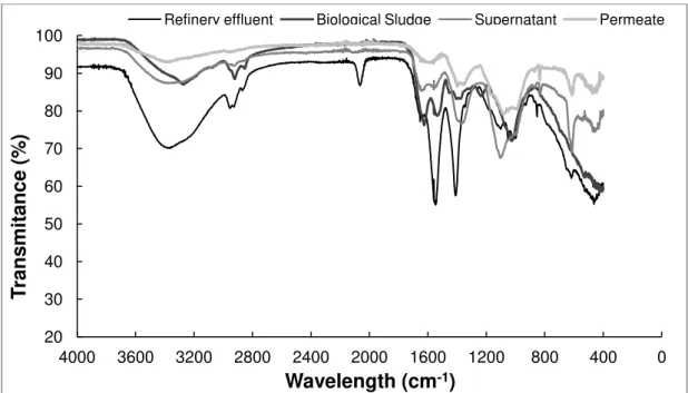 Figure 4 - FTIR spectrum of refinery effluent, mixed liquor, supernatant of mixed liquor 