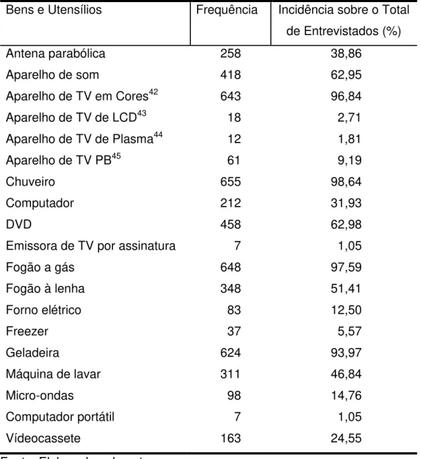 Tabela 12  – Bens e utensílios domésticos, por frequência e incidência sobre o total  de entrevistados  – 2009