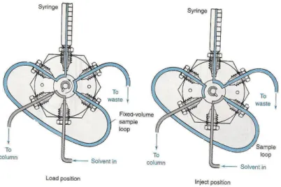 Figura 3: Representação de uma válvula de injecção na posição LOAD e na posição INJECT [33]