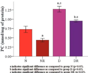 Figure 3 - RBC membrane SOD enzyme activity among control group (N), roselle-treated control group (NR), diabetic group (D), and roselle-treated diabetic group (DR)
