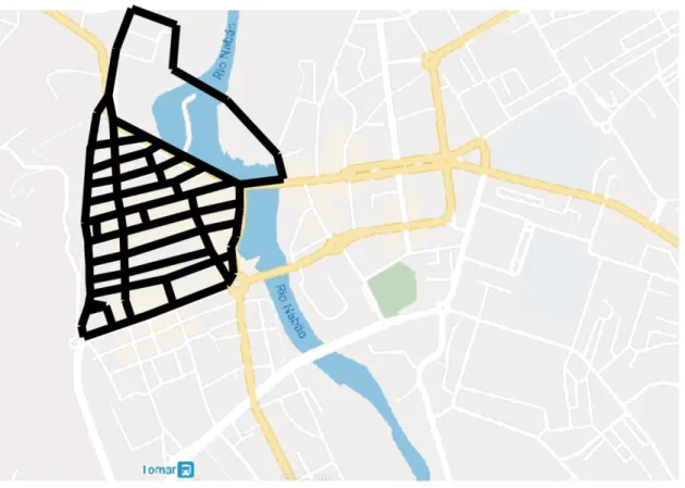 Ilustração 3 - Mapa da Cidade de Tomar; percurso permitido aos inquiridos a preto 