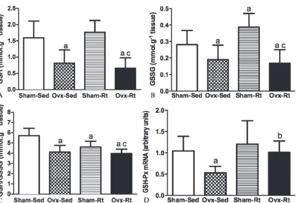Figure 3). However, no statistically significant differences in the concentrations of TBARS were observed between the Ovx-Sed and Sham-Sed groups.