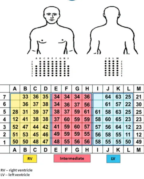 Figure 1 - Distribution of the 87 electrodes on the anterior chest and back, which were indexed by letters (strips or columns) and numbers (lines), and their regional distribution