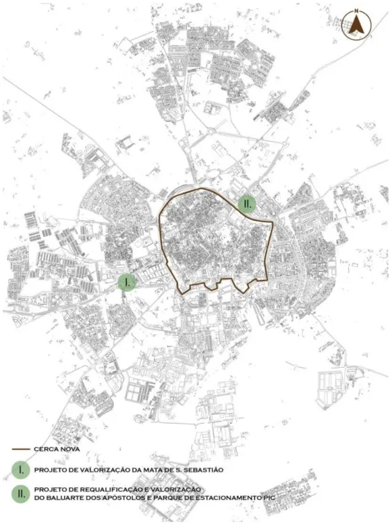 Fig. 1 – Planta da cidade de Évora: localização das áreas de intervenção, sem escala   (fonte: levantamento topográfico da cidade de Évora – Arquivo CME) 
