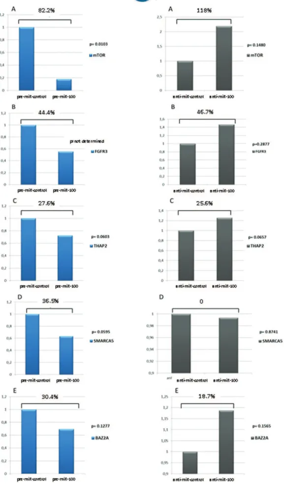 Figure 2 - The expression of the mTOR, FGFR3, THAP2, SMARCA5 and BAZ2A genes in PC3 prostate cancer cells, as evaluated by qRT- qRT-PCR, after exposure to miR-100 and anti-miR-100.