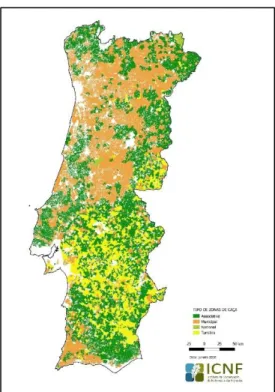 Figura 2-Mapa demonstrativo da distribuição das diferentes zonas de caça em Portugal   Fonte: ICNF-Instituto de Conservação da Natureza e das Florestas 